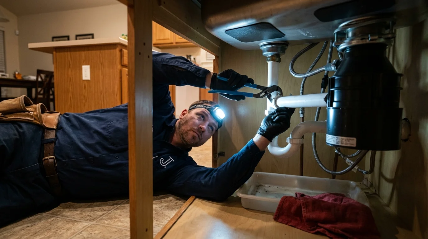 P-trap and supply line connections under a kitchen sink showing a common leak point in Auburn, KY